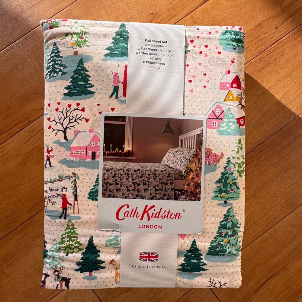 Cath Kidston Full Sheet Set Christmas Tree Village Cream 100% Cotton Percale